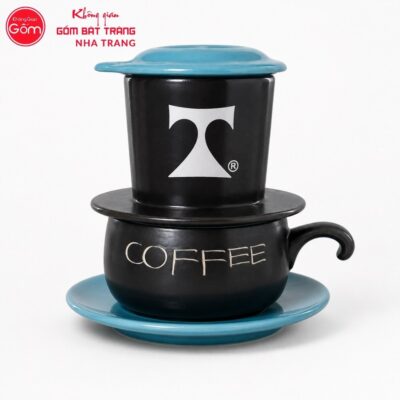 Bộ phin pha cafe quà tặng gốm sứ in logo màu đen nắp xanh dương NT-BPCF07 - Chi tiết 1