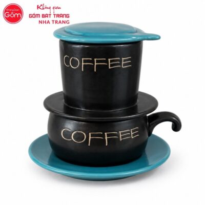 Bộ phin pha cafe quà tặng gốm sứ in logo màu đen nắp xanh dương NT-BPCF07 - Chi tiết 2