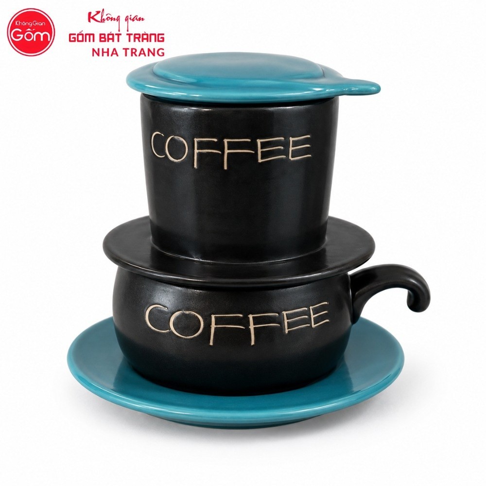Bộ phin pha cafe quà tặng gốm sứ in logo màu đen nắp xanh dương NT-BPCF07 - Chi tiết 2