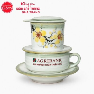 Bộ phin pha cafe quà tặng gốm sứ in logo màu xanh lá hoạ tiết hoa mai NT-BPCF01 - Chi tiết 1