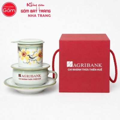 Bộ phin pha cafe quà tặng gốm sứ in logo màu xanh lá hoạ tiết hoa mai NT-BPCF01 - Chi tiết 2