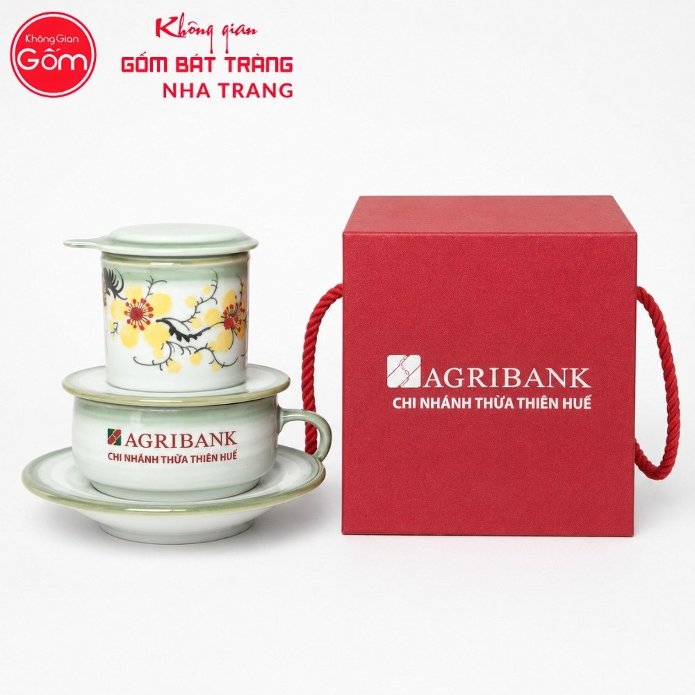 Bộ phin pha cafe quà tặng gốm sứ in logo màu xanh lá hoạ tiết hoa mai NT-BPCF01 - Chi tiết 2