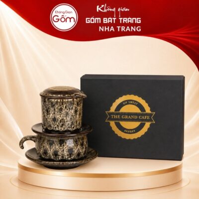 Bộ phin pha cafe quà tặng gốm sứ in logo men hoả biến màu nâu xám NT-BPCF03 - Ảnh đại diện