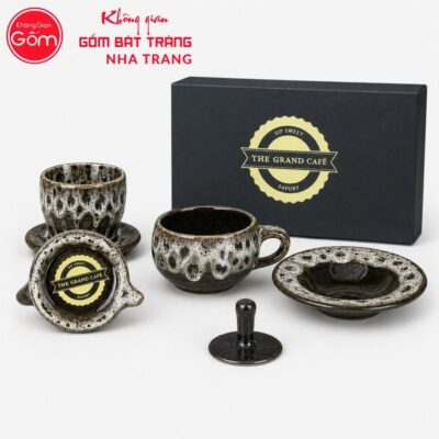 Bộ phin pha cafe quà tặng gốm sứ in logo men hoả biến màu nâu xám NT-BPCF03 - Chi tiết 1