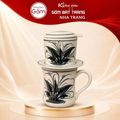 Bộ phin pha cafe quà tặng gốm sứ in logo men kem hoạ tiết lá khoai chuồn chuồn NT-BPCF05 - Ảnh đại diện
