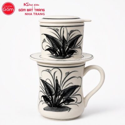 Bộ phin pha cafe quà tặng gốm sứ in logo men kem hoạ tiết lá khoai chuồn chuồn NT-BPCF05 - Chi tiết 1