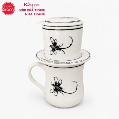 Bộ phin pha cafe quà tặng gốm sứ in logo men kem hoạ tiết lá khoai chuồn chuồn NT-BPCF05 - Chi tiết 2