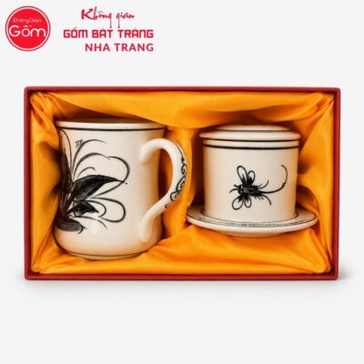Bộ phin pha cafe quà tặng gốm sứ in logo men kem hoạ tiết lá khoai chuồn chuồn NT-BPCF05 - Chi tiết 3