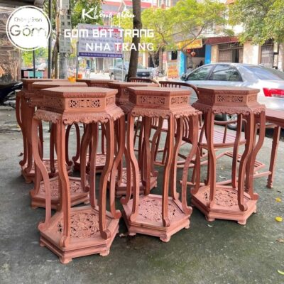 Cặp đôn gỗ mặt lục giác chân cong dạ chạm lóng đáy hoa sen cách điệu NT-ĐG08 - Chi tiết 1