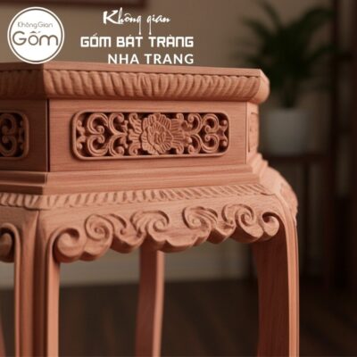 Cặp đôn gỗ mặt lục giác chân cong dạ chạm lóng đáy hoa sen cách điệu NT-ĐG08 - Chi tiết 2