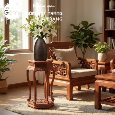 Cặp đôn gỗ mặt lục giác chân cong dạ chạm lóng đáy hoa sen cách điệu NT-ĐG08 - Chi tiết 4