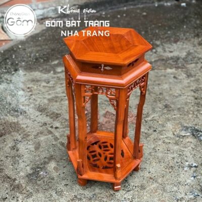 Cặp đôn gỗ mặt lục giác dạ chạm lọng mâm đáy khắc chữ Thọ cách điệu NT-ĐG06 - Chi tiết 1