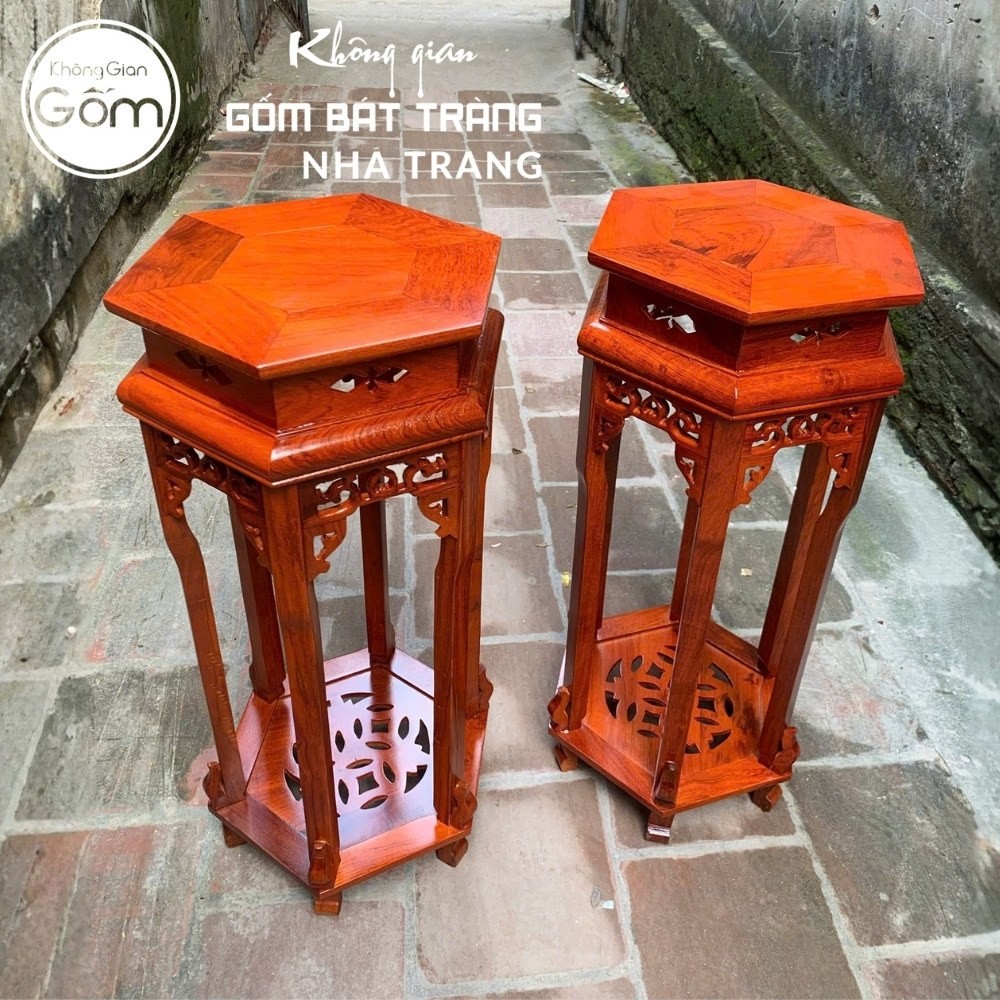 Cặp đôn gỗ mặt lục giác dạ chạm lọng mâm đáy khắc chữ Thọ cách điệu NT-ĐG06 - Chi tiết 2