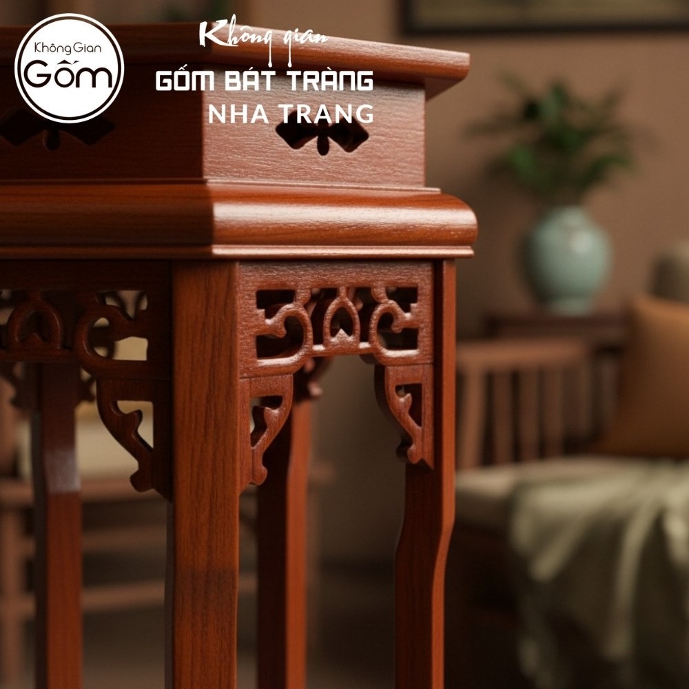 Cặp đôn gỗ mặt lục giác dạ chạm lọng mâm đáy khắc chữ Thọ cách điệu NT-ĐG06 - Chi tiết 4