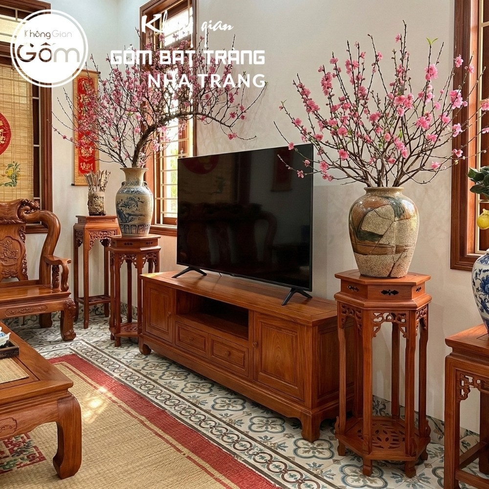 Cặp đôn gỗ mặt lục giác dạ chạm lọng mâm đáy khắc chữ Thọ cách điệu NT-ĐG06 - Chi tiết 5