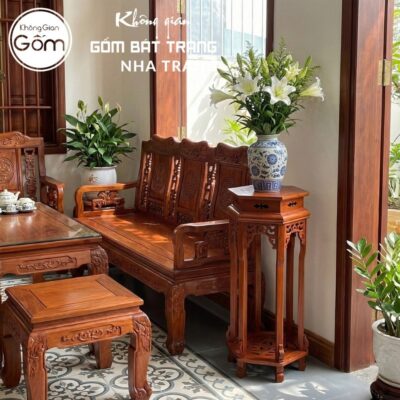 Cặp đôn gỗ mặt lục giác dạ chạm lọng mâm đáy khắc chữ Thọ cách điệu NT-ĐG06 - Chi tiết 6