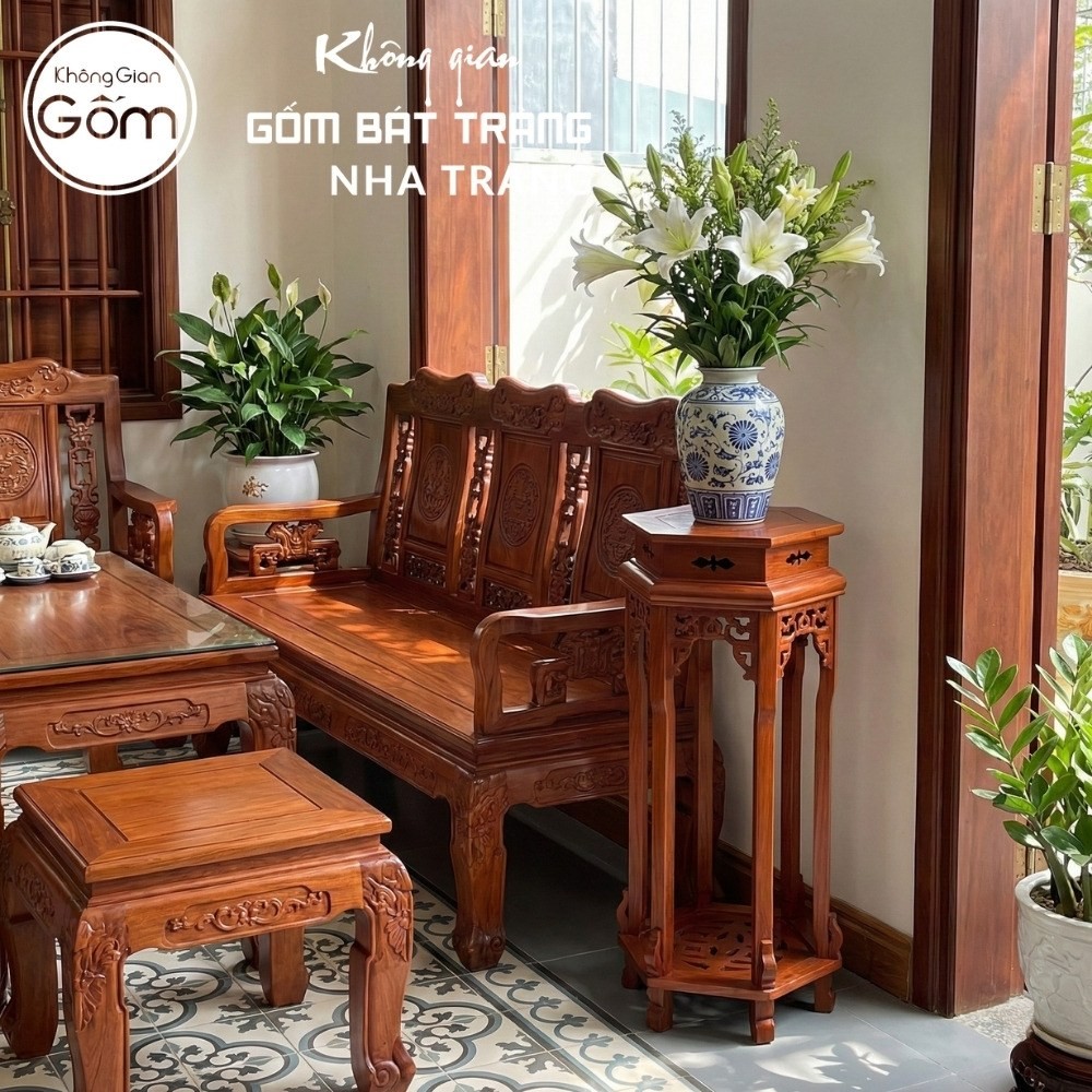 Cặp đôn gỗ mặt lục giác dạ chạm lọng mâm đáy khắc chữ Thọ cách điệu NT-ĐG06 - Chi tiết 6