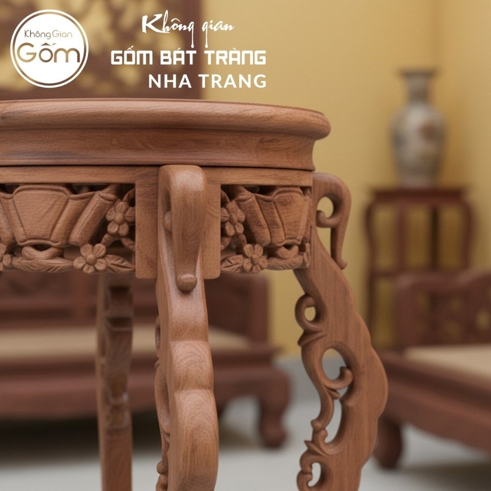 Cặp đôn gỗ mặt tròn chân cong chạm trổ tân cổ điển NT-ĐG06 - Chi tiết 2