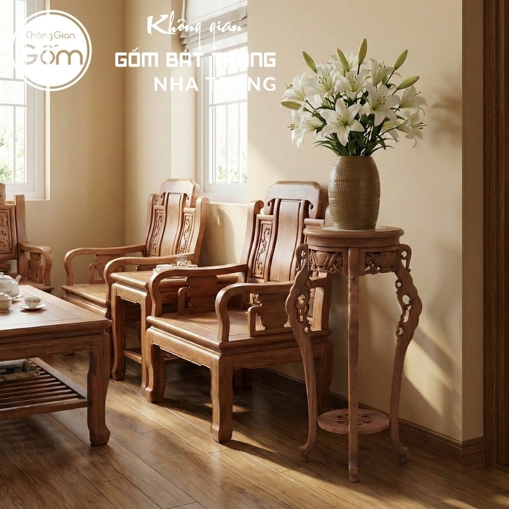 Cặp đôn gỗ mặt tròn chân cong chạm trổ tân cổ điển NT-ĐG06 - Chi tiết 3