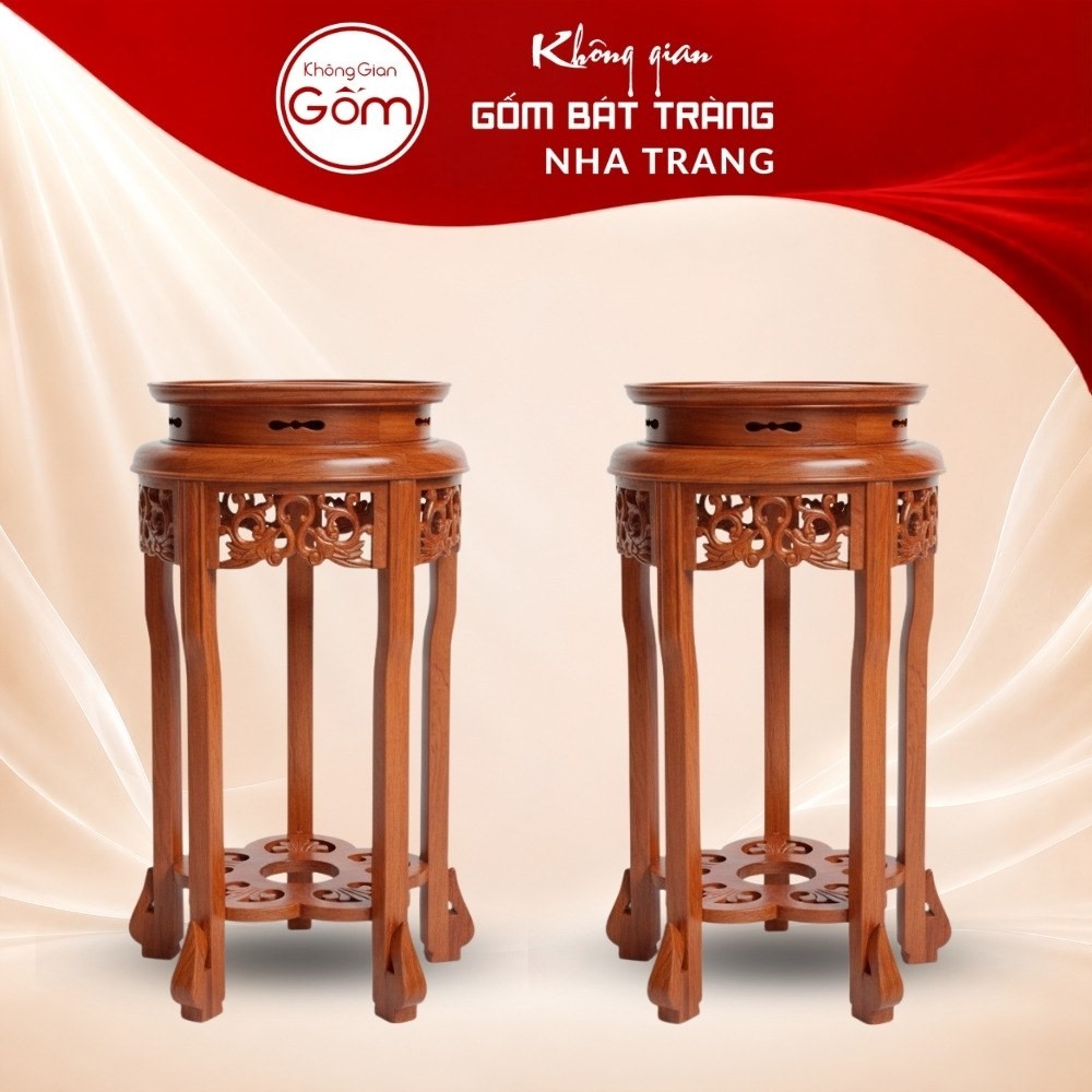 Cặp đôn gỗ mặt tròn dáng cao ngũ túc mâm đáy chạm khắc hoa mai NT-ĐG05