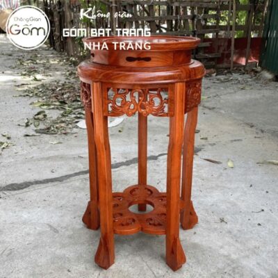 Cặp đôn gỗ mặt tròn dáng cao ngũ túc mâm đáy chạm khắc hoa mai NT-ĐG05 - Chi tiết 1
