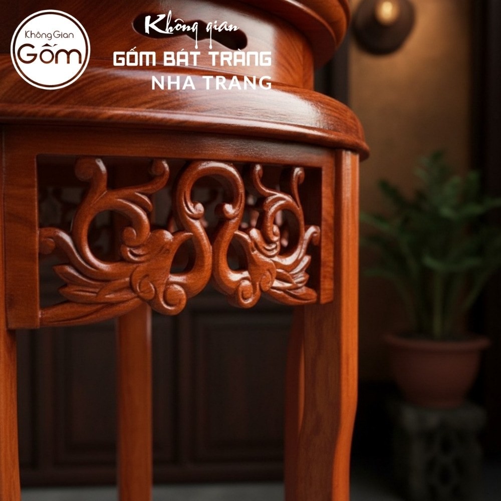 Cặp đôn gỗ mặt tròn dáng cao ngũ túc mâm đáy chạm khắc hoa mai NT-ĐG05 - Chi tiết 2