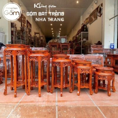 Cặp đôn gỗ mặt tròn dáng cao ngũ túc mâm đáy chạm khắc hoa mai NT-ĐG05 - Chi tiết 3