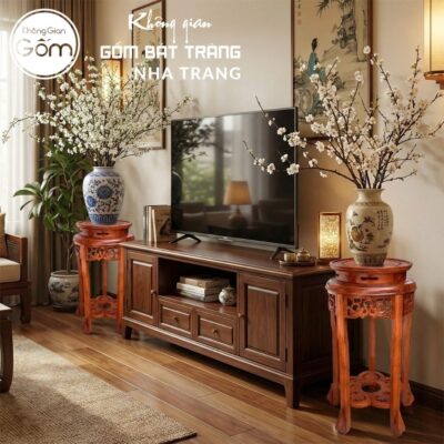 Cặp đôn gỗ mặt tròn dáng cao ngũ túc mâm đáy chạm khắc hoa mai NT-ĐG05 - Chi tiết 4