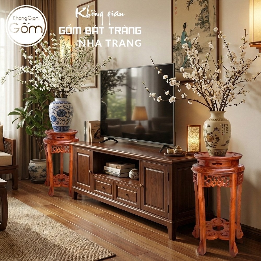 Cặp đôn gỗ mặt tròn dáng cao ngũ túc mâm đáy chạm khắc hoa mai NT-ĐG05 - Chi tiết 4