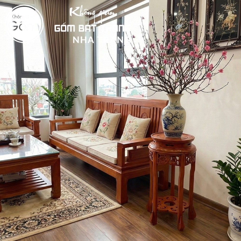 Cặp đôn gỗ mặt tròn dáng cao ngũ túc mâm đáy chạm khắc hoa mai NT-ĐG05 - Chi tiết 5