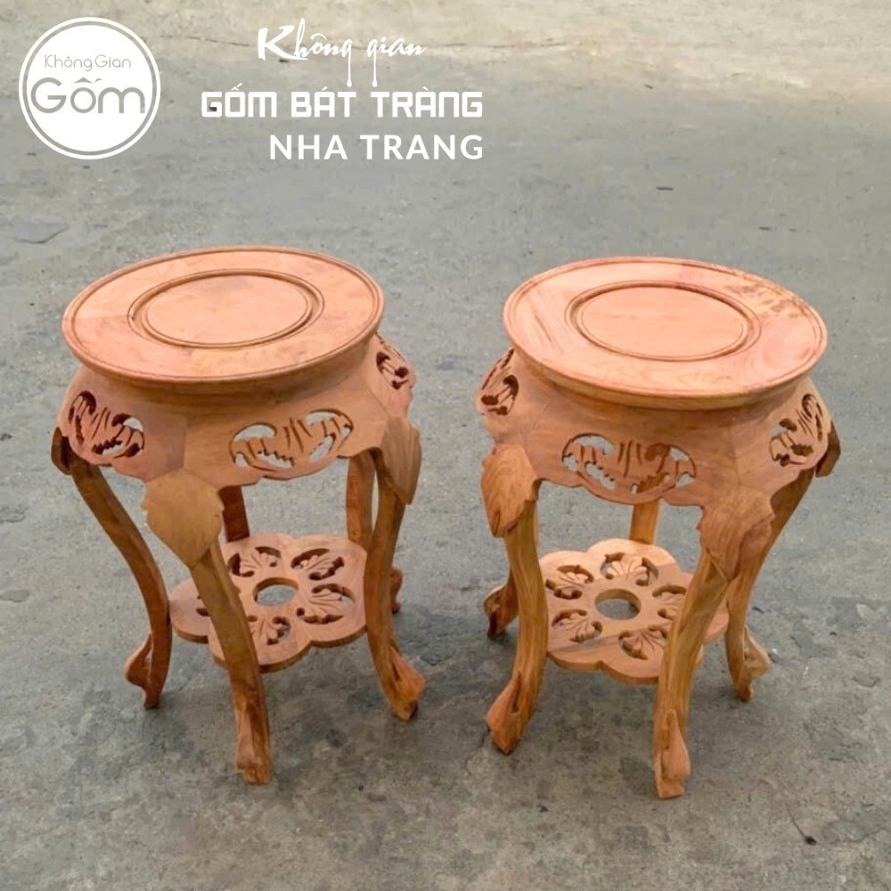 Cặp đôn gỗ mặt tròn ngũ túc dạ chạm lọng mâm đáy hoa mai NT-ĐG04 - Chi tiết 1