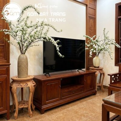 Cặp đôn gỗ mặt tròn ngũ túc dạ chạm lọng mâm đáy hoa mai NT-ĐG04 - Chi tiết 3