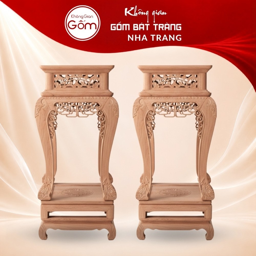 Cặp đôn gỗ mặt vuông dáng cao chân quỳ đế hộp chạm lọng chữ Thọ NT-ĐG03