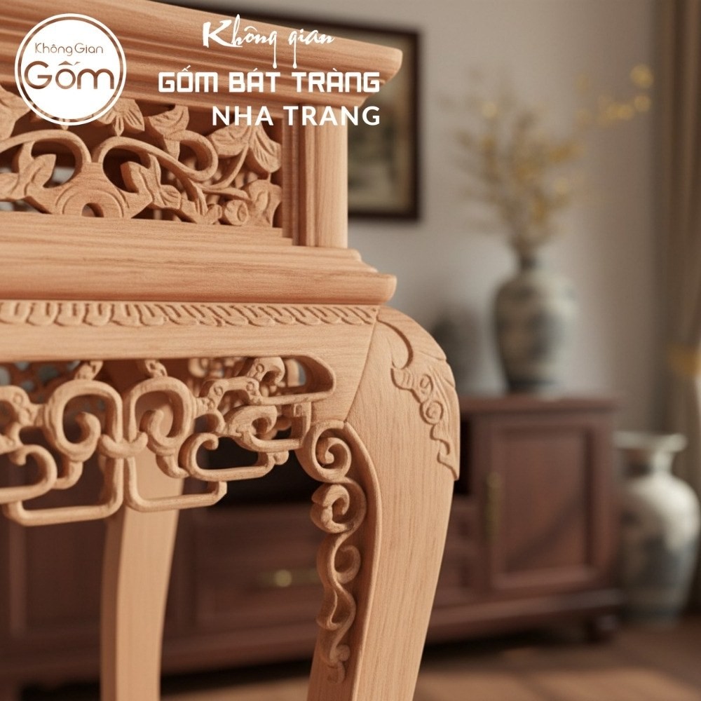 Cặp đôn gỗ mặt vuông dáng cao chân quỳ đế hộp chạm lọng chữ Thọ NT-ĐG03 - Chi tiết 3