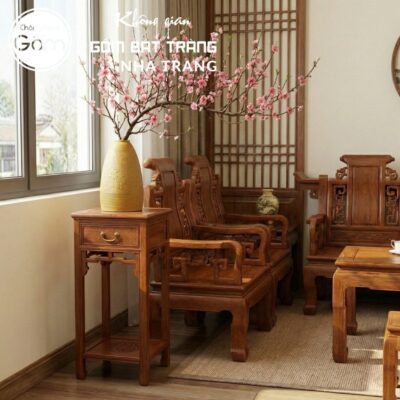 Cặp đôn gỗ mặt vuông dáng trụ thẳng dạ chạm triện khắc gấm tầng đáy chữ Thọ NT-ĐG01 - Chi tiết 4