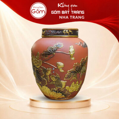 Chum ngâm rượu gốm sứ Bát Tràng hoạ tiết Sen Chép đắp nổi dát vàng BT-CR05