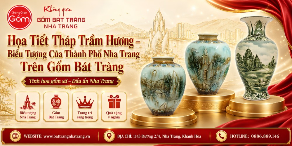 Họa tiết Tháp Trầm Hương trên gốm Bát Tràng