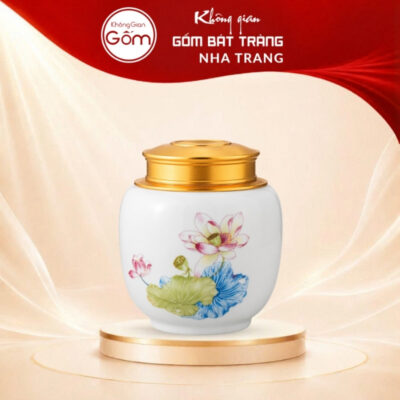 Hũ đựng trà Bát Tràng men sứ trắng vẽ hoa sen hồng BT-HT05