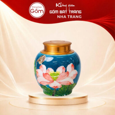Lọ chè gốm sứ Bát Tràng dáng tròn men xanh dương vẽ sen hồng BT-HT03