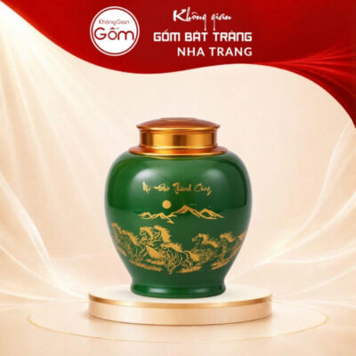 Hũ đựng trà gốm sứ Mã Đáo Thành Công vẽ vàng kim men xanh lục BT-HT02
