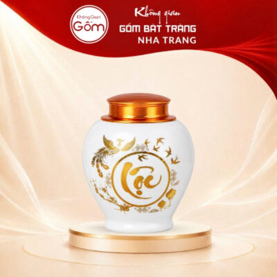 Hũ đựng trà gốm sứ men trắng Lộc Vàng Khai Phúc vàng kim BT-HT01