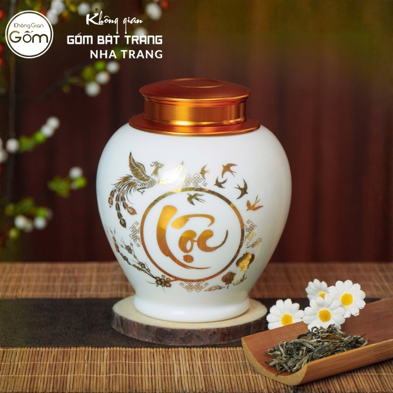 Hũ đựng trà gốm sứ men trắng Lộc Vàng Khai Phúc vàng kim BT-HT01 - Ảnh 2