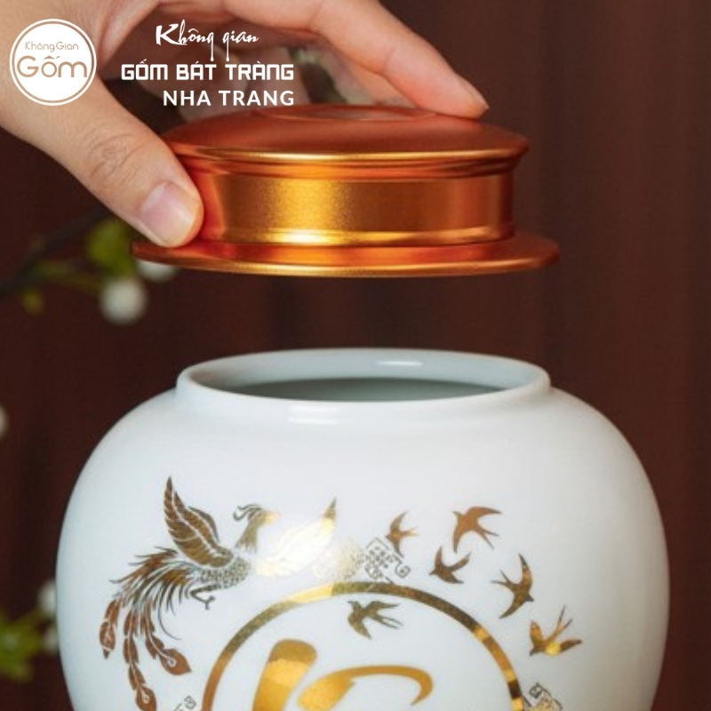 Hũ đựng trà gốm sứ men trắng Lộc Vàng Khai Phúc vàng kim BT-HT01 - Ảnh 3