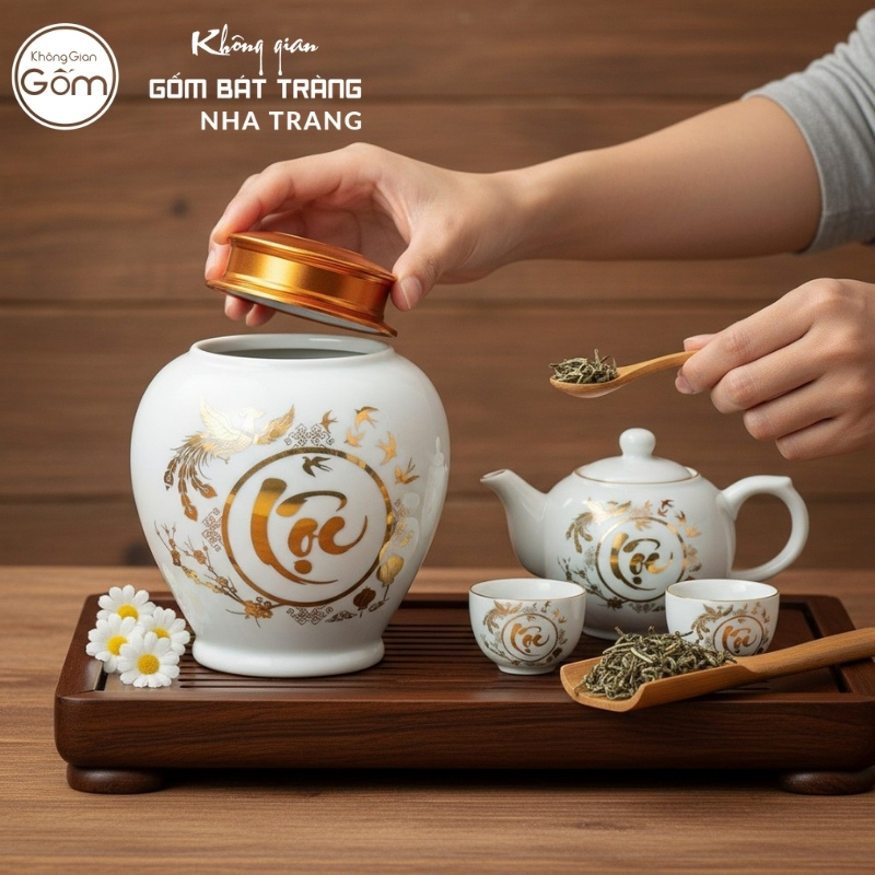 Hũ đựng trà gốm sứ men trắng Lộc Vàng Khai Phúc vàng kim BT-HT01 - Ảnh 5