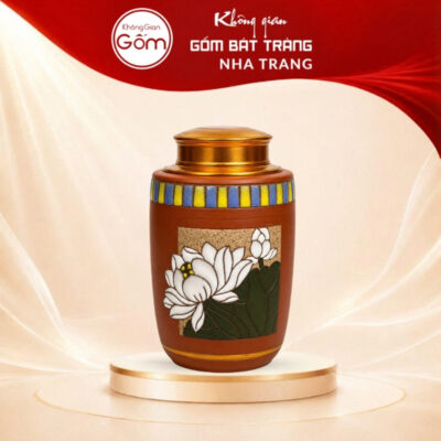 Hũ trà gốm đất đỏ Bát Tràng dáng trụ vẽ nổi hoa sen BT-HT07