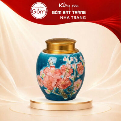 Lọ chè gốm sứ Bát Tràng men xanh dương họa tiết đào hồng vẽ nổi BT-HT04