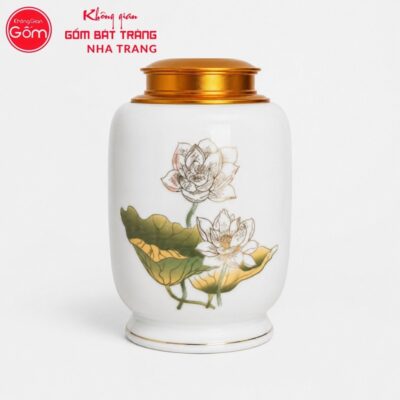 Hũ đựng trà quà tặng gốm sứ in logo dáng bí màu trắng hoạ tiết hoa sen NT-HT01 - Chi tiết 1