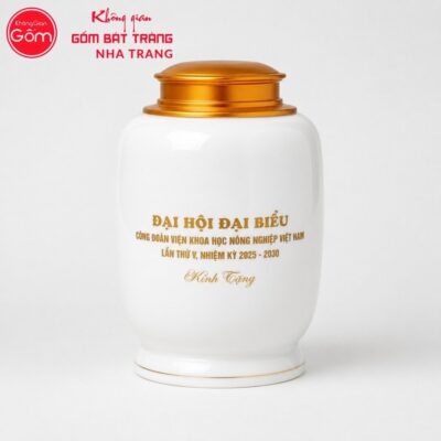 Hũ đựng trà quà tặng gốm sứ in logo dáng bí màu trắng hoạ tiết hoa sen NT-HT01 - Chi tiết 2