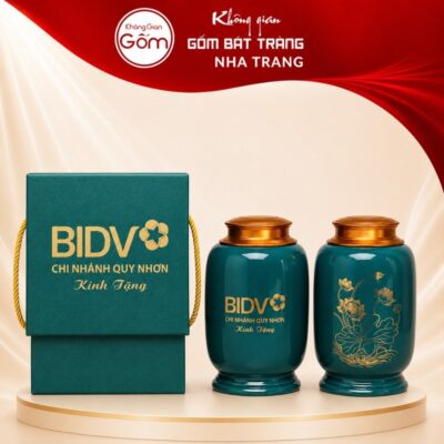 Hũ đựng trà quà tặng gốm sứ in logo dáng bí màu xanh cổ vịt hoạ tiết hoa sen vàng kim NT-HT02 - Ảnh đại diện