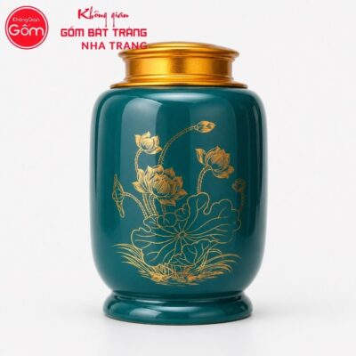 Hũ đựng trà quà tặng gốm sứ in logo dáng bí màu xanh cổ vịt hoạ tiết hoa sen vàng kim NT-HT02 - Chi tiết 1